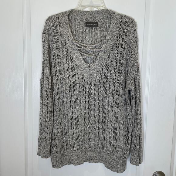Michael Stars Lace up Sweater Cotton Open Knit Gray Marled Cozy Vneck Oversize S - Picture 1 of 5